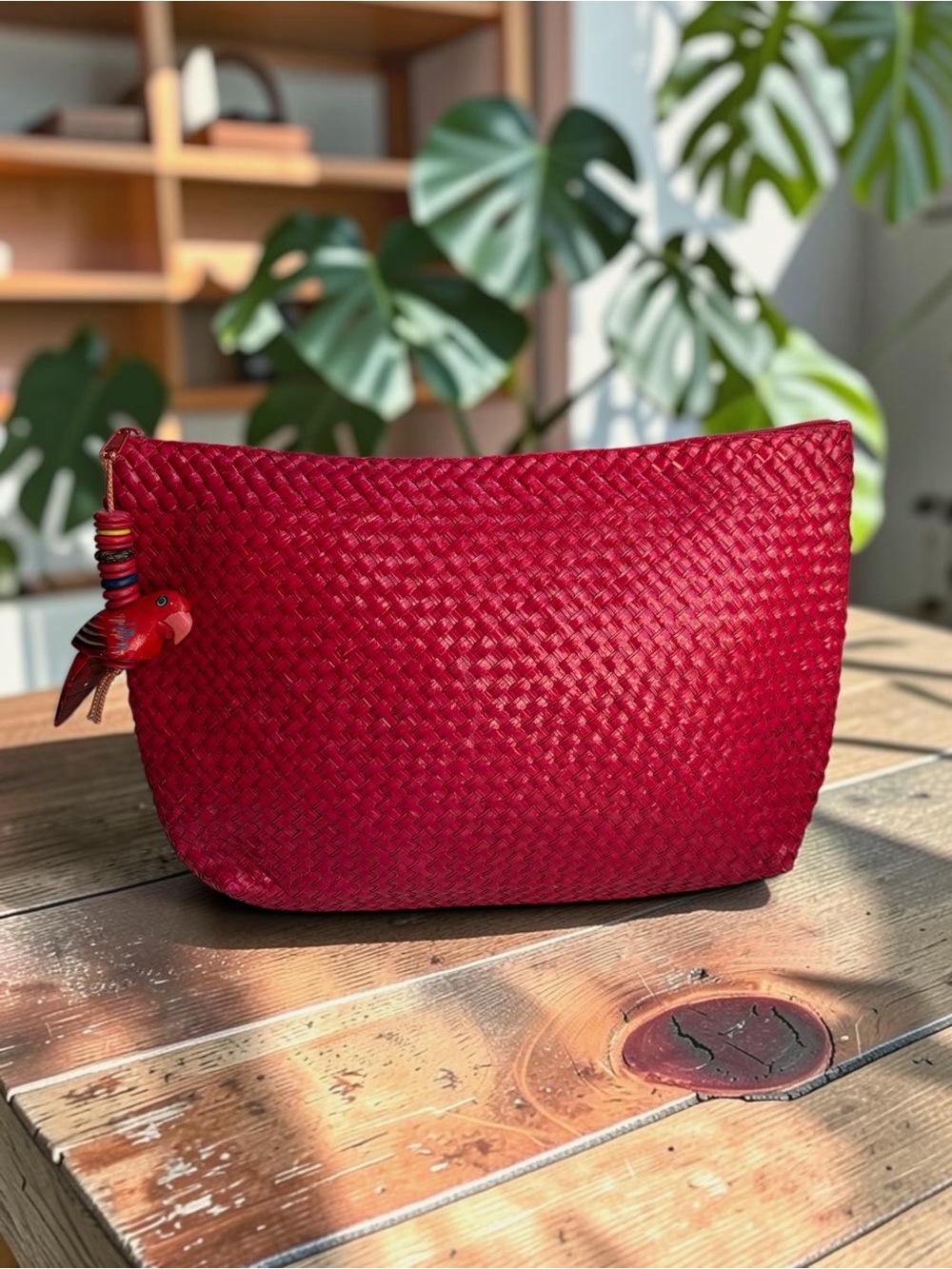 Vintage Handwoven Red Clutch Bag Made in Portugal Wooden Parrot Charm Beads